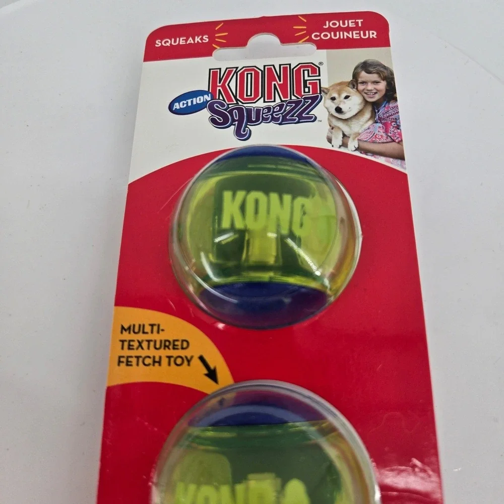 KONG Squeezz Action Ball Dog Toy 3-Pack Blue Yellow Small Squeaky Fetch PSA31